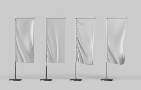 White vertical rectangle banner flags and pennants on pole 3d render icon set Stock Illustration