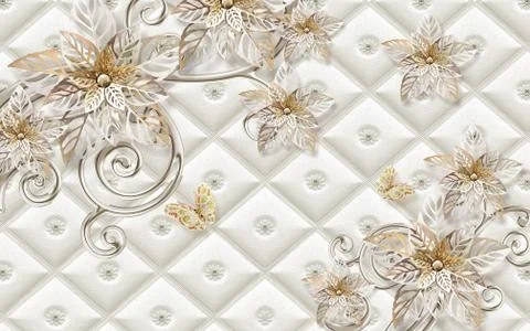 White vintage tile, large beige ornamental flowers cut out of paper Stock Illustration