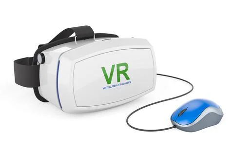 White virtual reality glasses VR with computer mouse. 3D rendering Illustrazione stock