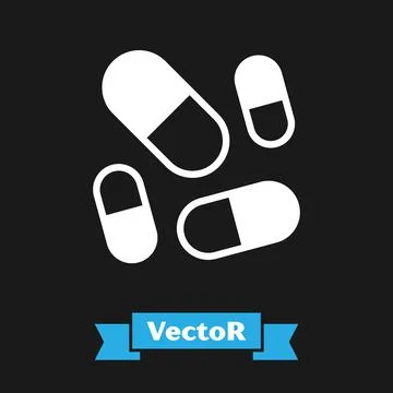 White Vitamin complex of pill capsule icon isolated on black background. Healthy Stock Illustration