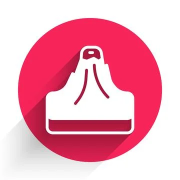 White Volcano icon isolated with long shadow background. Red circle button... Stock Illustration