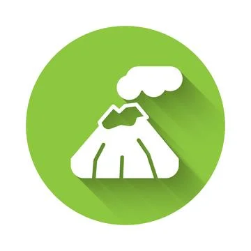 White Volcano icon isolated with long shadow background. Green circle butto.. Stockillustratie