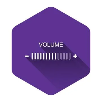 White Volume adjustment icon isolated with long shadow. Purple hexagon button Stock Illustration