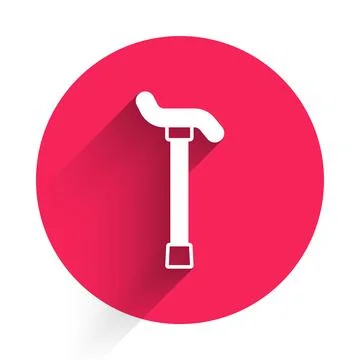 White Walking stick cane icon isolated with long shadow. Red circle button Illustration