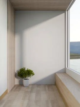 White wall and a green potted plant on wooden parquet floor corridor with s.. Stock Illustration