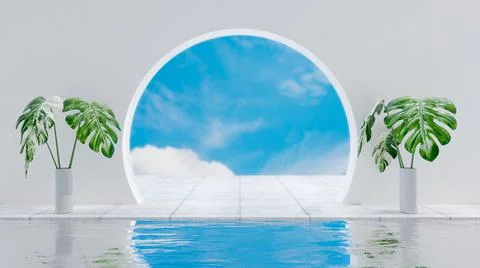 White Wall with circle door behind clear sky background for your text. front  Stock Illustration