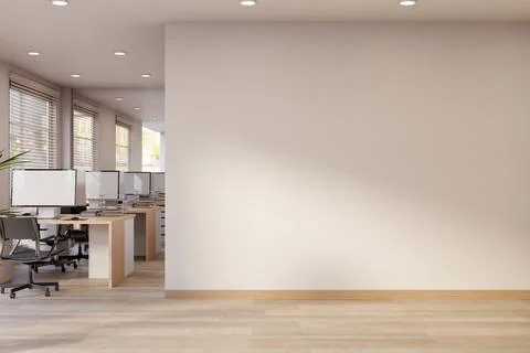 White wall corridor aside office working room with computer table and chair.. Stock Illustration