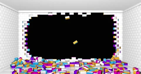 White wall explodes, scattering colored bricks across the reflective floor of a  Stock Footage 149950862