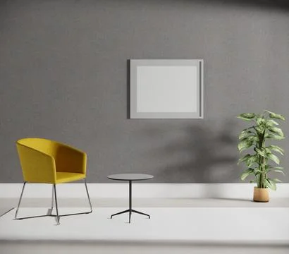 White wall frame mockup on gray wall, a yellow chair, a flower tub Stock Illustration