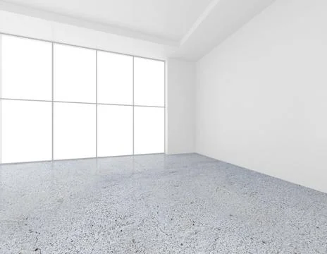 White wall with large windows and concrete floor. 3d rendering Ilustración de archivo