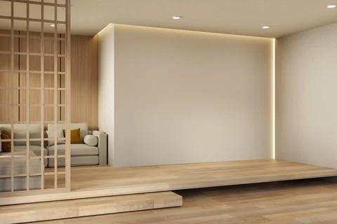White wall with recessed light and grey sofa an wooden grid partition on ra.. Stock Illustration