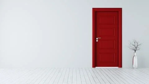 White wall with red closed door realistic 3D rendering Stock Illustration