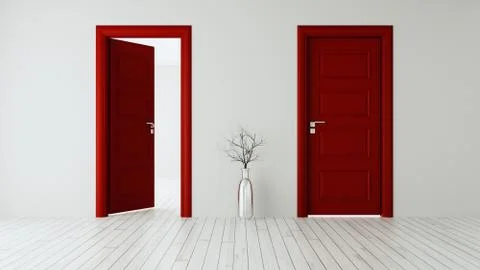 White wall with red opened door and closed door realistic 3D rendering Stock Illustration