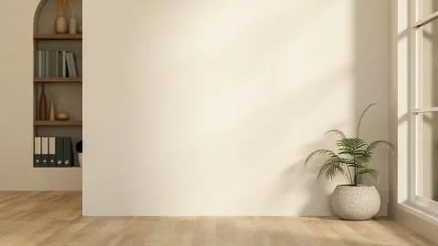 White wall with sunlight from window and recessed bookshelf over wooden par.. Ilustração Stock
