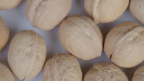 White walnuts with dust pattern. Close imagery of whole walnuts with surface det Stock Footage 331850715