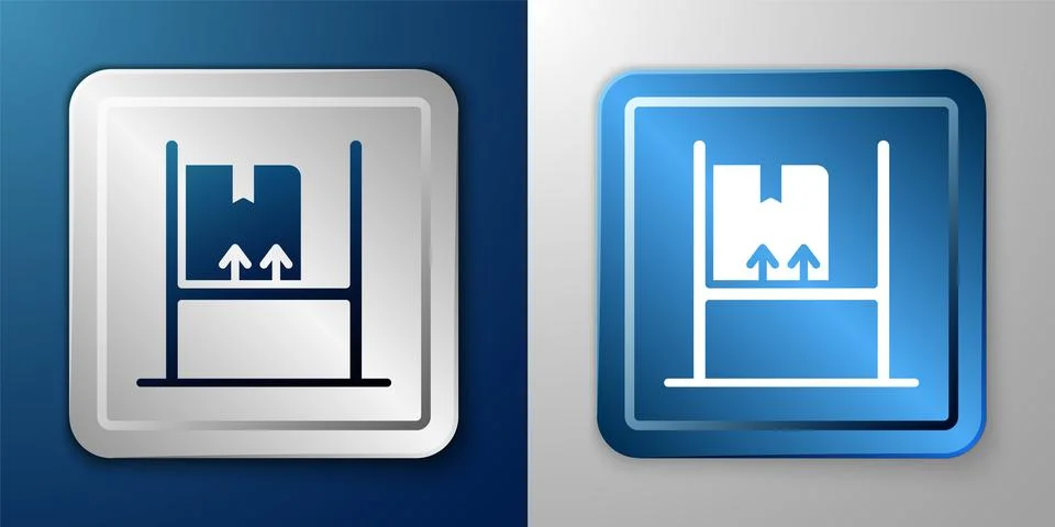 White Warehouse interior with boxes on racks icon isolated on blue and grey Illustrazione stock