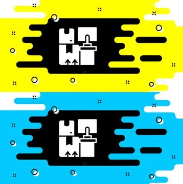 White Warehouse interior with boxes on racks icon isolated on black background Illustrazione stock