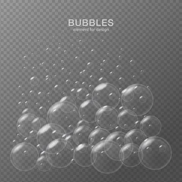 White water bubbles on transparent background with reflection. Set. Vector il 스톡 일러스트
