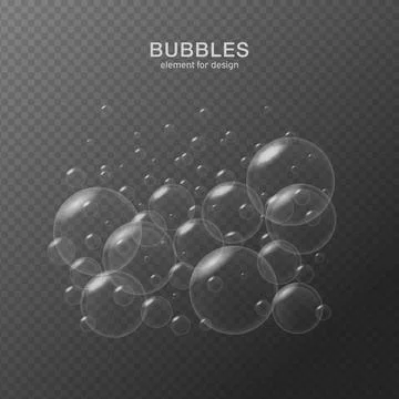 White water bubbles on transparent background with reflection. Set. Vector il 스톡 일러스트