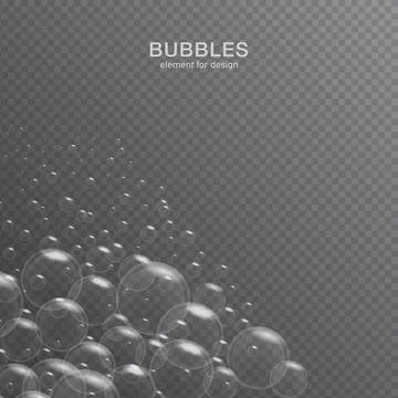 White water bubbles on transparent background with reflection. Set. Vector il Stock Illustration
