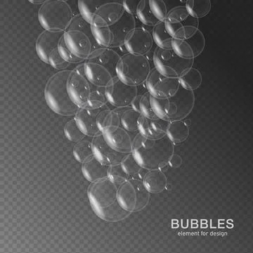 White water bubbles on transparent background with reflection. Set. Vector il Illustrazione stock