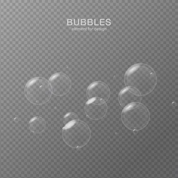 White water bubbles on transparent background with reflection. Set. Vector il Illustrazione stock