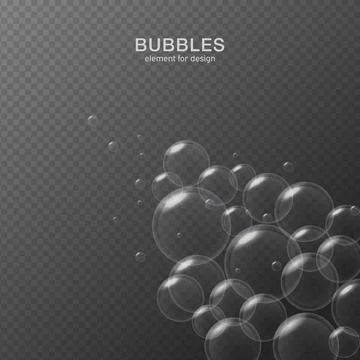 White water bubbles on transparent background with reflection. Set. Vector il Stock Illustration