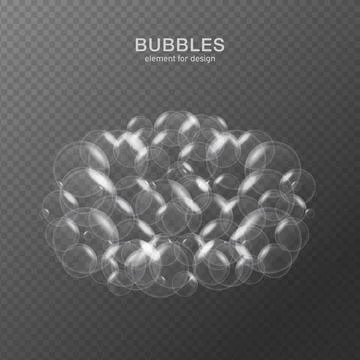 White water bubbles on transparent background with reflection. Set. Vector il Illustrazione stock