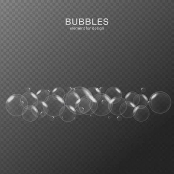 White water bubbles on transparent background with reflection. Set. Vector il Illustrazione stock