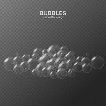 White water bubbles on transparent background with reflection. Set. Vector il Stock Illustration
