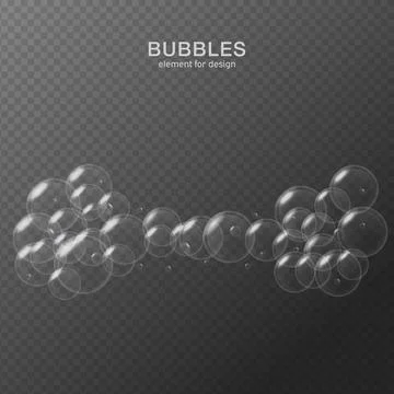 White water bubbles on transparent background with reflection. Set. Vector il Stock Illustration