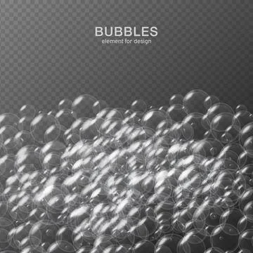 White water bubbles on transparent background with reflection. Set. Vector il Illustrazione stock