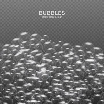 White water bubbles on transparent background with reflection. Set. Vector il Ilustración de archivo