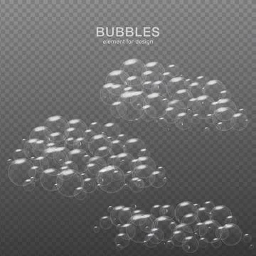 White water bubbles on transparent background with reflection. Set. Vector il Illustrazione stock
