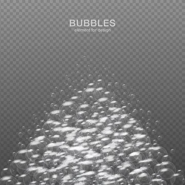 White water bubbles on transparent background with reflection. Set. Vector il Stock Illustration