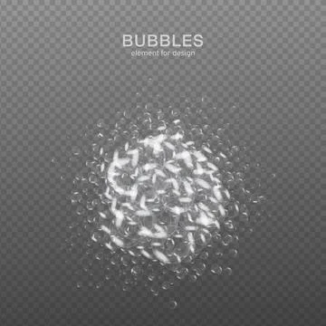 White water bubbles on transparent background with reflection. Set. Vector il Illustrazione stock
