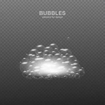 White water bubbles on transparent background with reflection. Set. Vector il Stock Illustration