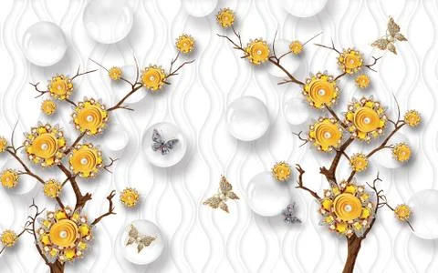 White waved background, white balls, bright yellow abstract flowers Stock Illustration