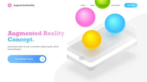 White web template design with isometric view of smartphone and 3D bubbles .. Illustrazione stock