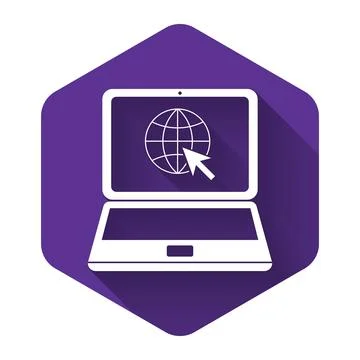 White Website on laptop screen icon isolated with long shadow. Laptop with globe 스톡 일러스트