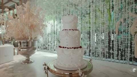 White Wedding Cake on a Marble Table Before a Shell Curtain Stock Footage 348723555