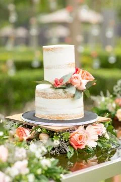 White wedding cake with orange and pink rose on it. Beautiful and rustic gard Stock Photos