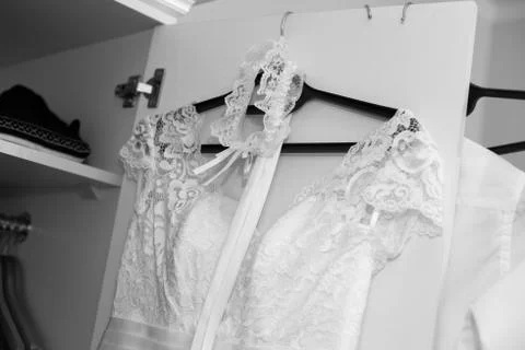 White wedding dress. Black and white photography. Stock Photos