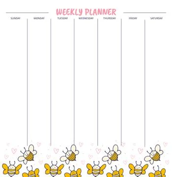 White weekly planner with cute yellow bees design. Stock Illustration