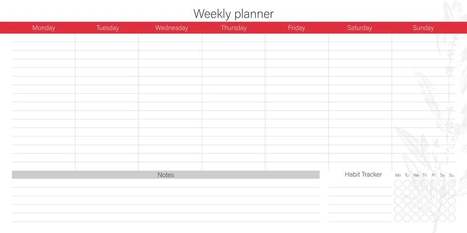 White weekly planner with minimalistic  leaf design Stock Illustration
