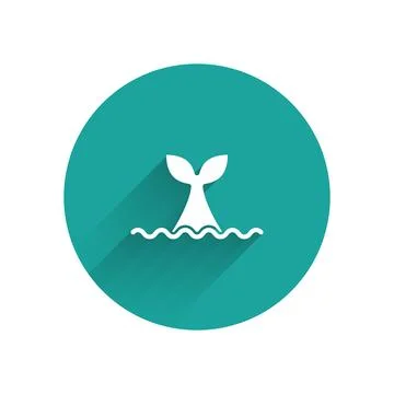 White Whale tail in ocean wave icon isolated with long shadow. Green circle b Stock Illustration