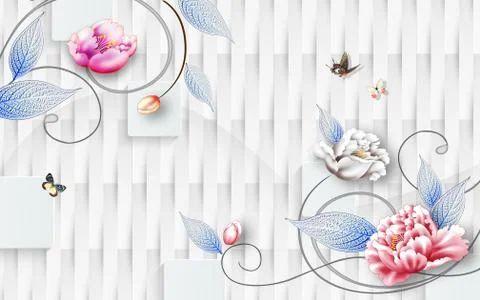 White wicker background, white and pink fabulous ornamental flowers Stock Illustration