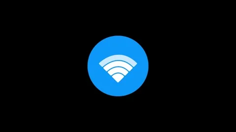 White wifi signal symbol inside blue circle button on black background 4k Stock Footage 346547308