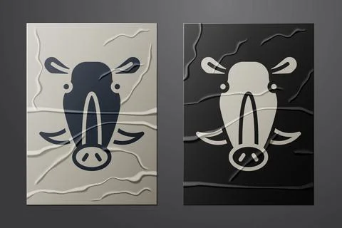 White Wild boar head icon isolated on crumpled paper background. Animal symbol Stock Illustration