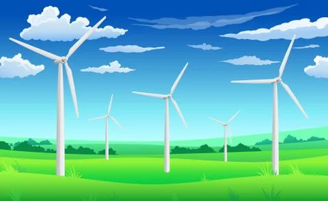 White wind generators mills, wind turbine on green field, wind energy eco Stock Illustration